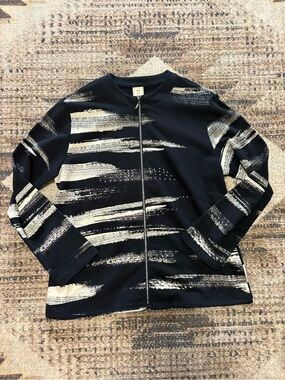 Jess & Jane Cotton Jacket Brush Art to Wear Black Abstract Rhinestone Zip Size L